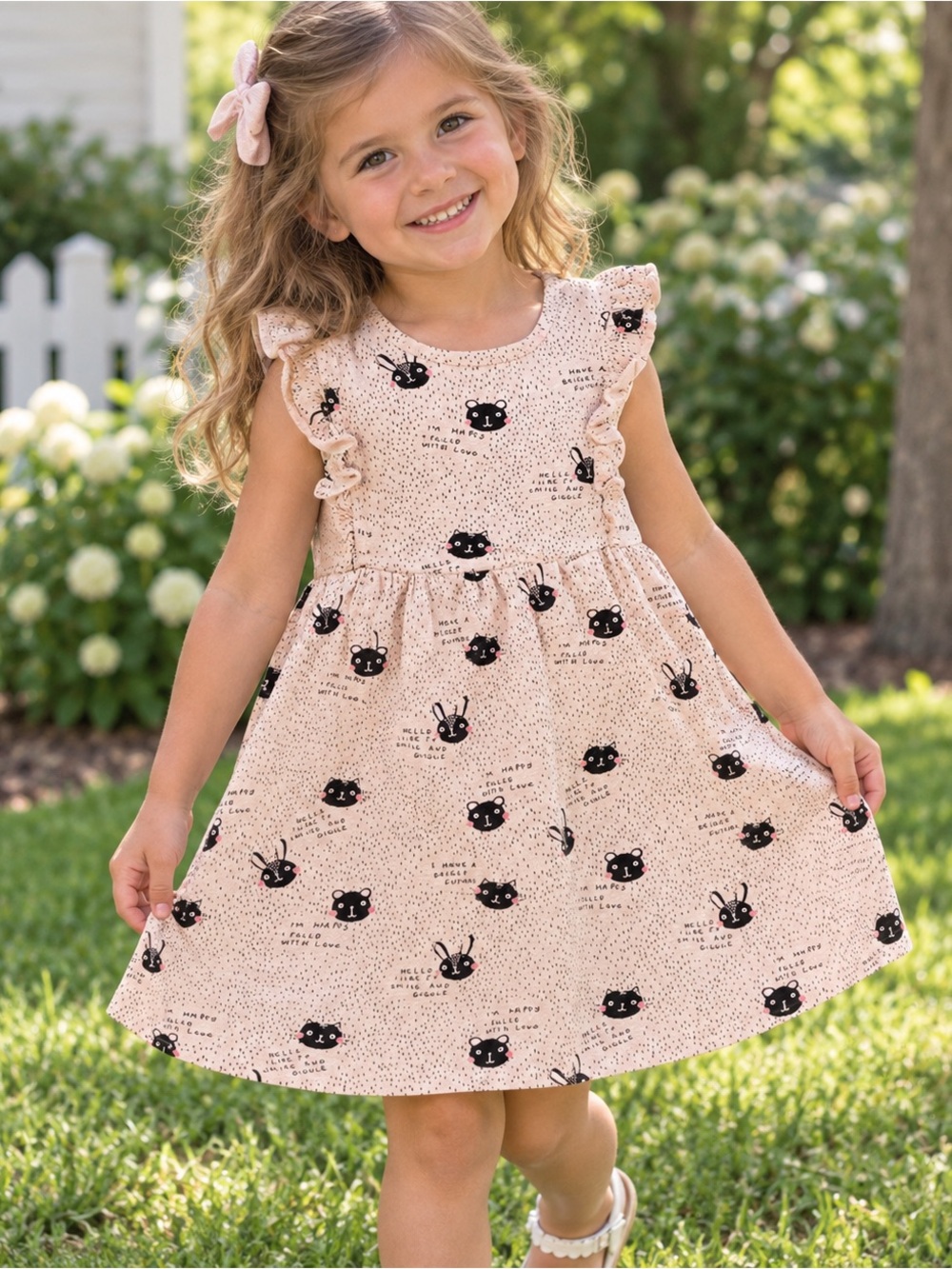 H&M Light Pink Sleeveless Ruffle Dress with Black Animal Faces